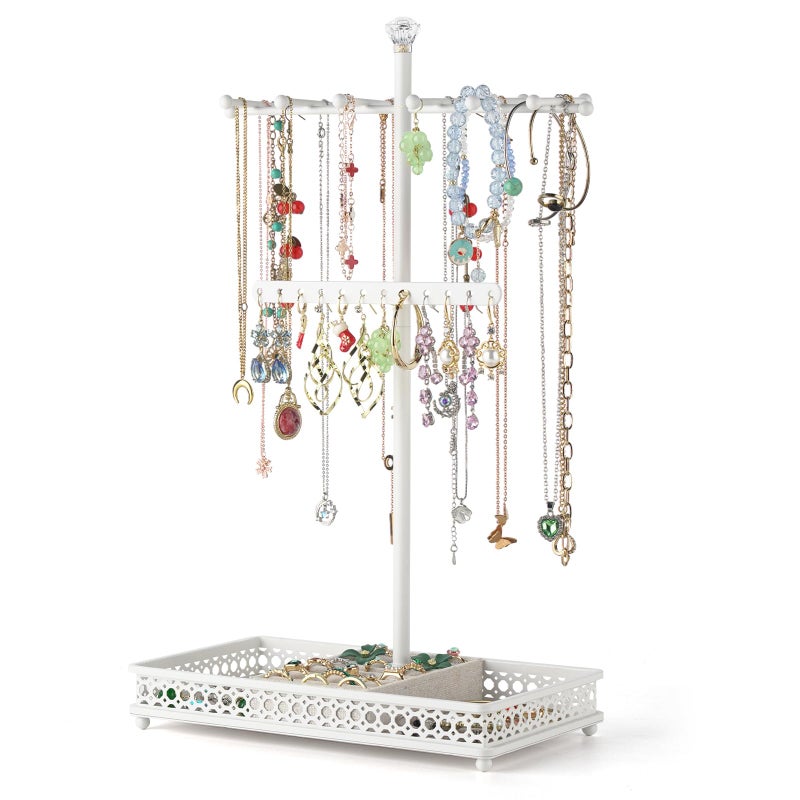Meangood Jewelry Tree Stand Organizer 3in1 Necklace Organizer Display Bracelet Earrings and Ring Tray Jewelry Holder Hanger Metalï¼ˆWhiteï¼‰ - Image 1